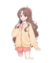 Rule 34 | 1girl, :d, artist name, beddo712140, brown hair, cropped legs, highres, holding, holding microphone, jacket, korean commentary, long sleeves, looking at viewer, microphone, necktie, open mouth, original, plaid, plaid skirt, red eyes, simple background, skirt, smile, standing, white background, yellow jacket