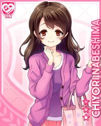 Rule 34 | 1girl, bag, brown hair, card, character name, closed mouth, collarbone, girlfriend (kari), jacket, nabeshima chiyori, official art, pink background, pink skirt, purple jacket, purple shirt, qp:flapper, red eyes, shirt, shoes, skirt, smile, solo, standing, tagme