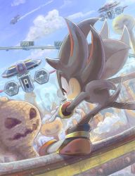Rule 34 | 1boy, animal nose, artist request, blue sky, clenched teeth, cloud, flying, furry, furry male, grinding, highres, male focus, mountain, pumpkin, railing, robot, shadow the hedgehog, sky, sonic (series), sonic adventure 2, sonic the hedgehog, teeth