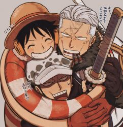 Rule 34 | 3boys, ^ ^, anger vein, black hair, blush stickers, cheekbones, cigar, closed eyes, empty eyes, facial hair, goatee stubble, group hug, highres, hug, long sideburns, male focus, mature male, monkey d. luffy, multiple boys, nervous sweating, one piece, panther print, short hair, sideburns, smoker (one piece), smoking, sparse stubble, stretched limb, stubble, surprised, sweat, tonta (tonta1231), trafalgar law, translation request, upper body
