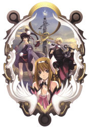 Rule 34 | 00s, absurdres, ar tonelico, ar tonelico i, armor, aurica nestmile, blouse, braid, gust, highres, holding, holding sword, holding weapon, lyner barsett, misha arsellec lune, nagi ryou, official art, own hands clasped, own hands together, pauldrons, shirt, shoulder armor, sleeveless, sleeveless shirt, standing, sword, twin braids, weapon