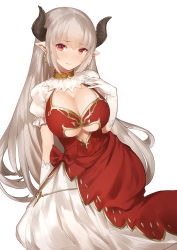 Rule 34 | 10s, 1girl, alicia (granblue fantasy), blush, breasts, center opening, cleavage, clothing cutout, cross, cross earrings, draph, dress, earrings, gloves, granblue fantasy, horns, jewelry, large breasts, layered dress, long hair, looking at viewer, pointy ears, red dress, red eyes, silver hair, simple background, sitting, smile, solo, underboob, underboob cutout, very long hair, white dress, white gloves, yaman (yamanta lov)