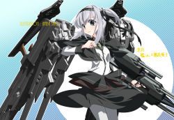Rule 34 | 1girl, alternate costume, artist name, black capelet, black skirt, capelet, character name, commentary request, cowboy shot, grey eyes, gun, inaba shiki, kantai collection, long hair, machinery, one-hour drawing challenge, one side up, pantyhose, silver hair, skirt, solo, standing, suzutsuki (kancolle), weapon, white pantyhose