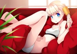 Rule 34 | 1girl, bad id, bad pixiv id, blonde hair, blue eyes, blunt bangs, blush, bra, breasts, closed mouth, hair between eyes, hair ornament, kantai collection, leaf, legs, long hair, looking at viewer, lying, mofu namako, navel, on back, open mouth, panties, pillow, shin&#039;you (kancolle), side ponytail, small breasts, solo, underwear, underwear only
