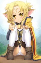 Rule 34 | 10s, 1girl, alicia rue, animal ears, bell, blonde hair, blush, boots, cameltoe, cat ears, circlet, collar, highres, looking at viewer, neck bell, panties, sitting, smile, solo, sorano (12gou), sword art online, thighhighs, underwear, white panties, white thighhighs, yellow eyes