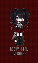Rule 34 | 1girl, alternate costume, ame-chan (needy girl overdose), animal print, argyle, argyle background, arm warmers, black choker, black footwear, black hair, black shirt, butterfly print, chibi, choker, commentary, copyright name, demon wings, emo fashion, eyepatch, full body, hair over one eye, hand on own face, hand up, highres, holding, holding knife, knife, leg warmers, long hair, looking at viewer, needy girl overdose, outline, penciloao, pleated skirt, print shirt, red background, red skirt, red wings, shirt, shoes, skirt, solo, standing, symbol-only commentary, thigh strap, twintails, wings
