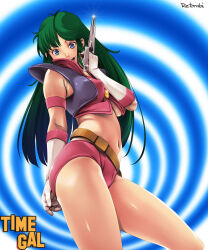 Rule 34 | 1girl, arm behind back, arm up, artist name, ass, belt, blue eyes, breasts, copyright name, energy gun, from side, gloves, green hair, hand on own chest, hand on own face, highres, long hair, looking at viewer, medium breasts, midriff, navel, open mouth, purple shirt, red shirt, red shorts, reika (time gal), retorabi00, shirt, short shorts, shorts, smile, solo, taito, thighs, time gal, underboob, weapon, white gloves