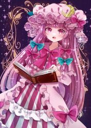 Rule 34 | 1girl, blue bow, blush, book, bow, crescent, crescent hat ornament, dress, frilled sleeves, frills, hair bow, hat, hat ornament, jaku sono, long hair, long sleeves, mob cap, open book, open mouth, patchouli knowledge, purple dress, purple eyes, purple hair, purple hat, red bow, smile, solo, striped clothes, striped dress, touhou, vertical-striped clothes, vertical-striped dress