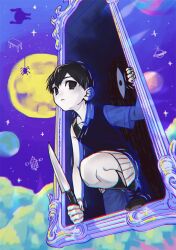 Rule 34 | 1boy, black eyes, black footwear, black hair, black socks, black vest, bug, chromatic aberration, closed mouth, collared shirt, commentary, expressionless, full moon, hair between eyes, highres, holding, holding knife, kitchen knife, knife, looking at viewer, male focus, moon, omori, planet, portal (object), purple sky, satellite, shirt, shoes, short hair, short sleeves, shorts, sky, socks, something (omori), spider, star (sky), starry sky, sunny (omori), table, toastytoast, vest, white shirt, white shorts, wing collar