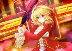 Rule 34 | &gt;:|, 10s, :|, absurdres, aestus domus aurea, aestus estus, ahoge, blonde hair, blush, breasts, cleavage, closed mouth, commentary request, dress, epaulettes, fate/extra, fate (series), fighting stance, flower, green eyes, gu li, highres, holding, holding sword, holding weapon, looking at viewer, nero claudius (fate), nero claudius (fate) (all), nero claudius (fate/extra), plant, red dress, red flower, red rose, rose, short hair, solo, sword, v-shaped eyebrows, vines, weapon