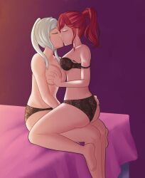 Rule 34 | 2girls, absurdres, anna (fire emblem), breasts, brown panties, fire emblem, fire emblem awakening, grabbing, grabbing another&#039;s breast, highres, kiss, large breasts, lingerie, medium breasts, multiple girls, nintendo, obsidianwasp, on bed, on lap, panties, ponytail, red hair, robin (female) (fire emblem), robin (fire emblem), sitting, sitting on lap, sitting on person, topless, twintails, underwear, white hair, yuri