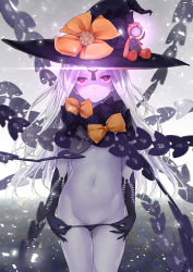 Rule 34 | 1girl, abigail williams (fate), abigail williams (third ascension) (fate), black bow, black gloves, black hat, black panties, bow, closed mouth, colored skin, commentary request, dark persona, elbow gloves, fate/grand order, fate (series), forehead, gloves, glowing, harino646, hat, hat bow, highres, keyhole, long hair, looking at viewer, lowleg, navel, orange bow, pale skin, panties, panty pull, parted bangs, polka dot, polka dot bow, red eyes, revealing clothes, solo, standing, topless, underwear, very long hair, white hair, white skin, witch hat