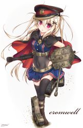 Rule 34 | blonde hair, cape, caterpillar tracks, character name, covered navel, cromwell (tank), full body, highres, looking at viewer, mecha musume, military, military uniform, military vehicle, moai21, motor vehicle, personification, red eyes, signature, solo, tank, tank turret, uniform, white background, world of tanks
