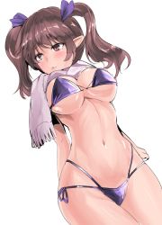 Rule 34 | 1girl, arm behind back, bikini, blush, breasts, brown eyes, brown hair, commentary request, cowboy shot, dutch angle, grey scarf, hair ribbon, highleg, highleg bikini, highres, himekaidou hatate, large breasts, long hair, navel, pointy ears, purple bikini, purple ribbon, ribbon, scarf, side-tie bikini bottom, simple background, solo, standing, stomach, swimsuit, thighs, touhou, twintails, white background, y2