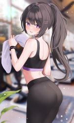Rule 34 | 1girl, absurdres, ass, bare shoulders, black hair, blurry, blurry background, blush, breasts, cowboy shot, gym, highres, holding, holding towel, kimu (yyhhoo23232), long hair, looking at viewer, looking back, medium breasts, midriff, mole, mole under mouth, open mouth, original, pants, ponytail, purple eyes, smile, solo, sports bra, sportswear, sweat, towel, treadmill, wristband, yoga pants
