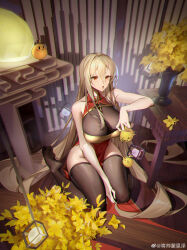 Rule 34 | 1girl, :o, absurdly long hair, absurdres, alternate costume, artist name, azur lane, bare arms, black thighhighs, blonde hair, breasts, china dress, chinese clothes, chromatic aberration, cleavage, cleavage cutout, clothing cutout, collarbone, dress, flower, framed breasts, from above, full body, gold trim, hair between eyes, highres, holding, huge breasts, implacable (azur lane), jiangshuai mengenze, long hair, manjuu (azur lane), on floor, pelvic curtain, plant, red dress, red eyes, sitting, sleeveless, sleeveless dress, solo, table, taut clothes, taut dress, thighhighs, very long hair, wariza, wooden floor, yellow flower