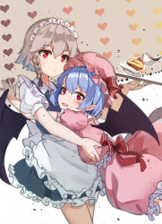 Rule 34 | 2girls, :d, absurdres, apron, blue dress, blue hair, blush, braid, breasts, cake, cowboy shot, cup, dress, fang, food, frilled apron, frills, glomp, grey background, hair between eyes, hat, hat ribbon, heart, heart background, highres, holding, holding tray, hug, izayoi sakuya, looking at viewer, maid, maid apron, maid headdress, medium breasts, mob cap, multiple girls, open mouth, petticoat, pink dress, pink headwear, plate, pointy ears, puffy short sleeves, puffy sleeves, red eyes, red ribbon, remilia scarlet, ribbon, shirt, short dress, short hair, short sleeves, silver hair, skin fang, small rabbit, smile, standing, teacup, touhou, tray, two-tone background, waist apron, white apron, white background, white shirt