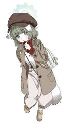 Rule 34 | 1girl, animal ears, backpack, bag, blue archive, blush, bright pupils, brown coat, brown hat, brown pants, cabbie hat, coat, commentary request, full body, gomibako (gomibako price), green eyes, green hair, hair bobbles, hair ornament, hair over shoulder, half-closed eyes, halo, hand on own hip, hat, heel up, high-waist pants, highres, holding, holding pen, jewelry, layered shirt, long sleeves, looking at viewer, low twintails, necklace, open clothes, open coat, open mouth, pants, pen, pen to chin, red shirt, shirt, shirt tucked in, shoulder strap, slit pupils, solo, tail, thick eyebrows, trench coat, turtleneck, twintails, white background, white bag, white pupils, white shirt, yakumo (blue archive)
