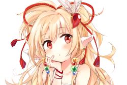 Rule 34 | :o, animal ears, blonde hair, blush, bracelet, granblue fantasy, hair ornament, hand on own face, hari (ribanie), harvin, highres, jewelry, mahira (granblue fantasy), pointy ears, red eyes, simple background, solo, white background