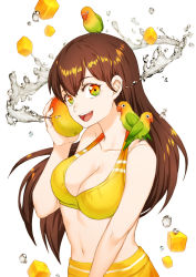 Rule 34 | 1girl, :d, aesice, bikini, bikini skirt, bird, breasts, cleavage, cockatoo, fang, gradient eyes, highres, large breasts, mango, multicolored eyes, navel, open mouth, original, personification, smile, solo, stomach, swimsuit, water, water drop, yellow bikini