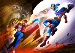 Rule 34 | 2boys, battle, bird, blonde hair, blue eyes, captain america, crossover, eagle, epic, fatal fury, hat, male focus, marvel, multiple boys, saltheman, snk, steve rogers, terry bogard, the king of fighters, wolf