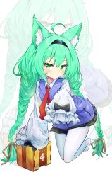 Rule 34 | 1girl, :3, absurdres, ahoge, akashi (azur lane), akashi (welcome to sofmap!) (azur lane), animal ear fluff, animal ears, azur lane, black skirt, braid, cat ears, commentary request, green eyes, green hair, hair ribbon, hairband, highres, kneeling, long hair, long sleeves, looking at viewer, mole, mole under eye, necktie, no shoes, pg (pege544), red necktie, ribbon, skirt, sleeves past fingers, sleeves past wrists, solo, tech box (azur lane), twin braids, white background, white legwear, zoom layer