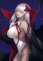 Rule 34 | 1girl, :d, bb (fate), bb (fate) (all), bb (swimsuit mooncancer) (fate), bb (swimsuit mooncancer) (third ascension) (fate), black cape, bow, breasts, cape, commentary, fate/grand order, fate (series), gloves, hair between eyes, hair bow, hand up, head tilt, highres, index finger raised, large breasts, leotard, long hair, long sleeves, looking at viewer, marumoru, multicolored cape, multicolored clothes, neck ribbon, open mouth, popped collar, purple eyes, purple hair, red bow, red cape, red ribbon, ribbon, smile, solo, very long hair, white gloves, white leotard, wide sleeves, wing collar