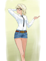 Rule 34 | 1girl, alternate costume, belt, blonde hair, breasts, closed mouth, commentary request, dark skin, dark-skinned female, flasso, glasses, guilty gear, guilty gear xrd, long hair, looking at viewer, necktie, ramlethal valentine, short shorts, shorts, simple background, solo