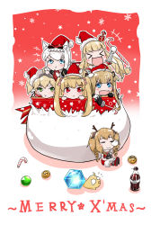Rule 34 | &gt; &lt;, 6+girls, :d, :t, = =, admiral hipper (azur lane), amazon (azur lane), animal ears, antlers, arm up, azur lane, black gloves, blonde hair, blue eyes, blunt bangs, box, braid, camera, candy, candy cane, cat ears, chibi, christmas, closed eyes, closed mouth, coin, commentary request, crescent, crescent (azur lane), crescent hair ornament, crown, deer ears, dress, fang, flying sweatdrops, food, fur-trimmed dress, fur-trimmed headwear, fur trim, gift, gift box, glass bottle, gloves, green eyes, gridley (azur lane), gridley (christmas photoshoot) (azur lane), hair ornament, hair ribbon, hammann (azur lane), hat, highres, holding, holding camera, holding candy, holding candy cane, holding food, horns, in box, in container, long hair, looking at viewer, merry christmas, mini crown, multiple girls, open mouth, p ion, pink ribbon, pout, puffy short sleeves, puffy sleeves, queen elizabeth (azur lane), red dress, red eyes, red hat, reindeer antlers, ribbon, ringlets, santa costume, santa hat, short sleeves, silver hair, sitting, smile, snowflakes, star (symbol), star hair ornament, twintails, v-shaped eyebrows, very long hair, xd