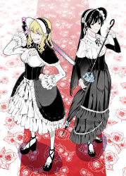 Rule 34 | 2girls, absurdres, black dress, black eyes, black footwear, black hair, blonde hair, bonnet, breasts, cleavage, closed umbrella, copyright request, dress, floral print, flower, frilled dress, frills, gothic lolita, grey skirt, grin, hair flower, hair ornament, hand on own hip, highres, holding, holding umbrella, holding weapon, large breasts, lolita fashion, long hair, long sleeves, multiple girls, original, pantyhose, parasol, skirt, small breasts, smile, standing, umbrella, very long hair, weapon, white pantyhose, yellow eyes, zudxpnz
