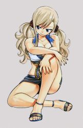 Rule 34 | 1girl, blonde hair, blue eyes, breasts, cleavage, earrings, eden&#039;s zero, highres, jewelry, large breasts, looking at viewer, mashima hiro, midriff, official art, rebecca bluegarden, sandals, sitting, smile, solo, twintails