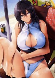 Rule 34 | 1girl, absurdres, ahoge, bare arms, bare legs, bare shoulders, barefoot, beach, beach towel, beach umbrella, bikini, black hair, blue bikini, blush, breasts, can, chair, cleavage, cleavage cutout, closed mouth, clothing cutout, cropped, curvy, day, drink can, fingernails, groin, hair between eyes, hand on own stomach, highres, kamelie, knee up, kotora (toranoana), large breasts, long hair, looking at viewer, lounge chair, navel, non-web source, nose blush, original, outdoors, polka dot, polka dot towel, purple eyes, scan, sitting, soda can, solo, swimsuit, table, thick thighs, thighs, toranoana, towel, umbrella, water, wet, wet hair, wide hips, zipper