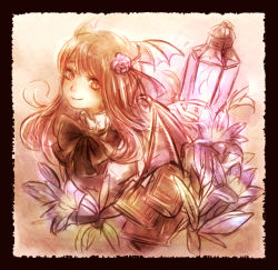 Rule 34 | 1girl, ascot, bat wings, black border, book, border, bright pupils, collared shirt, commentary request, flower, haiki (hakkyoii06), hair flower, hair ornament, head wings, koakuma, lantern, long hair, looking at viewer, red eyes, red hair, shirt, simple background, slit pupils, smile, solo, touhou, upper body, vest, white pupils, wings