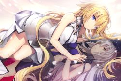 Rule 34 | 2girls, ahoge, armor, armored dress, bare shoulders, blonde hair, blue eyes, breasts, chain, cleavage, different reflection, dual persona, fate/apocrypha, fate/grand order, fate (series), grey hair, jeanne d&#039;arc (fate), jeanne d&#039;arc (ruler) (fate), jeanne d&#039;arc (third ascension) (fate), jeanne d&#039;arc alter (avenger) (fate), jeanne d&#039;arc alter (fate), long hair, looking at viewer, lying, multiple girls, navel, on side, petals, reflection, ruler (fate/grand order), sakuyosi, sleeveless, smile, yellow eyes