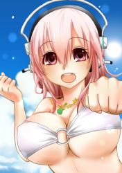 Rule 34 | 1girl, bikini, blush, breasts, cleavage, female focus, headphones, large breasts, long hair, looking at viewer, merryhachi, navel, nitroplus, o-ring, o-ring top, open mouth, pink eyes, pink hair, smile, solo, super sonico, swimsuit, white bikini
