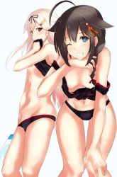 Rule 34 | 10s, 2girls, ;d, adapted costume, ahoge, arm at side, aura (seiga136126), bag, bent over, bikini, black bikini, black ribbon, black shirt, blue eyes, blush, bow, braid, breasts, clothes lift, comic, downblouse, grin, grocery bag, groin, hair bow, hair flaps, hair ornament, hair over shoulder, hair ribbon, hairclip, hairpin, hand on own knee, hanging breasts, kantai collection, looking at viewer, md5 mismatch, midriff, multiple girls, navel, nipples, one eye closed, open mouth, red bow, red eyes, resized, resolution mismatch, ribbon, shigure (kancolle), shino (ten-m), shirt, shirt lift, shopping bag, simple background, single braid, skinny, slender, small breasts, smile, source smaller, standing, stomach, swimsuit, tareme, teeth, thigh gap, upscaled, white background, yuudachi (kancolle)