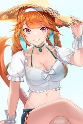 Rule 34 | 1girl, anizi, arm support, blush, breasts, choker, cleavage, collarbone, crop top, foreshortening, green choker, grey background, grin, hand on headwear, hand up, hat, highres, hololive, hololive english, large breasts, long hair, looking at viewer, multicolored hair, navel, official alternate costume, orange hair, pink eyes, puffy short sleeves, puffy sleeves, ribbon, short sleeves, shorts, sitting, smile, solo, stomach, straw hat, sun hat, takanashi kiara, takanashi kiara (casual), virtual youtuber, wrist cuffs