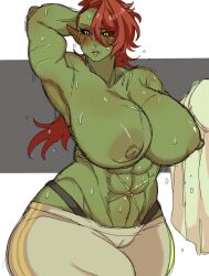 Rule 34 | 1girl, abs, armpits, bad id, bad twitter id, black sclera, blush, breasts, cleavage, colored sclera, colored skin, female orc, green skin, highres, huge breasts, muscular, muscular female, nipples, orc, original, pants, picco, pointy ears, red hair, scar, solo, steaming body, sweat, sweatpants, thick thighs, thighs, tusks, yellow eyes