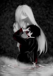 Rule 34 | 1boy, 1girl, angelica (project moon), black hair, black mask, black suit, blood, blood on clothes, blood on face, fog, formal, ghost, highres, husband and wife, library of ruina, long hair, monochrome, project moon, roland (project moon), sad, simple background, standing, suit, water