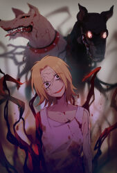 Rule 34 | 1boy, blood, blood on clothes, commentary request, dog, eyes visible through hair, film grain, head tilt, highres, horror (theme), light brown hair, long hair, looking at viewer, male focus, mary (14476764), red pupils, saibou shinkyoku, shinano eiji, short hair, smile, solo, spoilers, tank top, upper body, white tank top