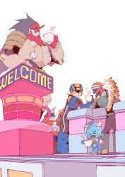 Rule 34 | &gt; &lt;, 6+boys, aquaman.exe, commentary request, cup, drinking, dustman.exe, english text, groundman.exe, helmet, highres, holding, holding cup, in-universe location, male focus, mega man (series), mega man battle network (series), mega man battle network 6, megaman.exe, multiple boys, nctn patch, simple background, tenguman.exe, tomahawkman.exe, white background