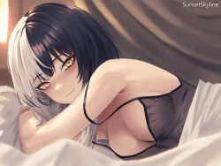 Rule 34 | 1girl, artist name, bare shoulders, bed, bed sheet, black camisole, black hair, blush, breasts, camisole, closed mouth, commentary, english commentary, highres, hololive, hololive english, indoors, large breasts, long hair, looking at viewer, lying, multicolored hair, on bed, pillow, shiori novella, sleeveless, solo, spaghetti strap, split-color hair, sunset skyline, two-tone hair, virtual youtuber, white hair, yellow eyes