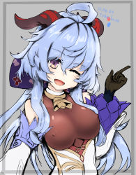Rule 34 | 1girl, ahoge, artist name, bare shoulders, bell, black gloves, blue gloves, blue hair, blush, breasts, covered erect nipples, dated, detached sleeves, ganyu (genshin impact), genshin impact, gloves, highres, horns, long hair, looking at viewer, medium breasts, neck bell, open mouth, purple eyes, sagaui, sidelocks, smile, solo, upper body, white sleeves