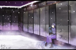 Rule 34 | 1girl, alternate costume, architecture, artist name, bad id, bad pixiv id, blue dress, blue hair, boots, dated, dress, east asian architecture, icicle, kaku seiga, looking up, nature, open door, outdoors, room, shawl, short hair, sitting, smile, snow, snowing, solo, touhou, yamazaki haru