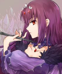 Rule 34 | 1girl, breasts, brown background, cleavage, collarbone, commentary request, crystal, dress, fate/grand order, fate (series), fur trim, hanasaki nm, jewelry, large breasts, long hair, looking at viewer, purple dress, purple hair, red eyes, scathach (fate), scathach skadi (fate), solo, tiara, upper body, wand