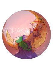 Rule 34 | alternate costume, alternate eye color, bad anatomy, banana, breasts, character name, cleavage, colored skin, food, fruit, grapes, hair over one eye, hand up, hat, hat ribbon, highres, jewelry, kiio, league of legends, leaning forward, long hair, medium breasts, midriff, navel, necklace, orange (fruit), order of the banana soraka, pink eyes, pointy ears, purple skin, purple skirt, ribbon, skirt, solo, soraka (league of legends), standing, very long hair, white hair, yellow hat