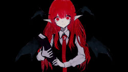 Rule 34 | 1girl, absurdres, bad id, bad pixiv id, bat wings, black background, black vest, book, closed mouth, collared shirt, commentary, crescent print, dark, demon girl, expressionless, hair between eyes, head wings, highres, holding, holding book, koakuma, long hair, long sleeves, looking at viewer, necktie, pointy ears, red eyes, red hair, red necktie, samejima nurie, shirt, sidelocks, slit pupils, solo, touhou, upper body, vest, white shirt, wing collar, wings