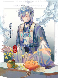 Rule 34 | 1boy, ahoge, bingzhen yugao, bishounen, blue hair, brown eyes, chinese clothes, closed mouth, dragon, facing to the side, shunde raw fish (the tale of food), fins, flower, head fins, highres, long sleeves, looking down, low side ponytail, male focus, orange flower, solo, the tale of food, white background, yellow flower