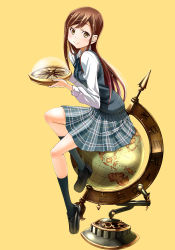 Rule 34 | 1girl, black footwear, black socks, brown eyes, brown hair, compass, foot dangle, from side, full body, globe, highres, holding, kneehighs, leaning forward, loafers, long hair, long sleeves, looking at viewer, neck ribbon, original, plaid, plaid skirt, ribbon, roman numeral, school uniform, shirt, shoes, simple background, sitting, sitting on object, skirt, smile, socks, solo, sweater vest, wadapen, white shirt, wing collar, yellow background