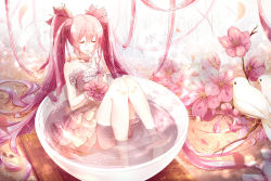 Rule 34 | 1girl, absurdly long hair, bird, cherry blossoms, closed eyes, cup, dress, flower, food, hair flower, hair ornament, hatsune miku, in food, long hair, mini person, minigirl, partially submerged, phino, pink hair, sakura miku, sitting, solo, strapless, strapless dress, tea, teacup, twintails, very long hair, vocaloid